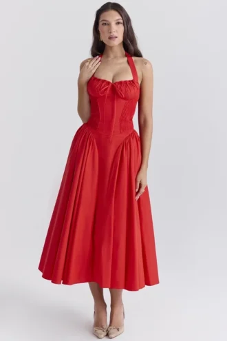 Adabella Italian Tomato Cotton Halter Sundress