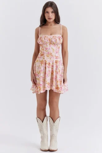 Alejandra Light Lavender Print Corset Dress