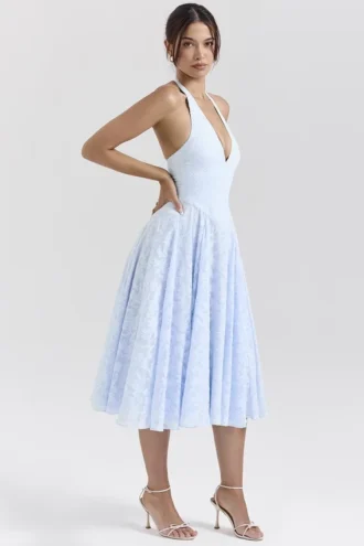 Arietta Bluebell Floral Jacquard Halter Midi Dress