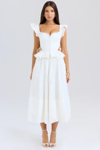 Augustine White Embroidered Cotton Midi Skirt