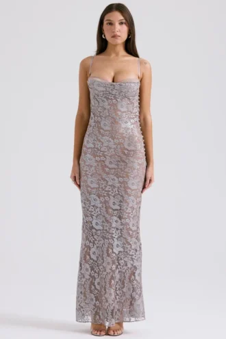 Azzurra Ice Blue Lace Godet Gown
