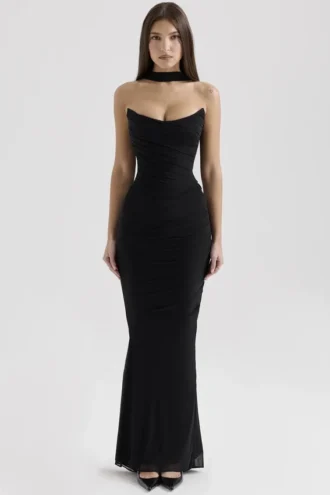 Cassidy Black Mesh Maxi Skirt with Fluted Hem