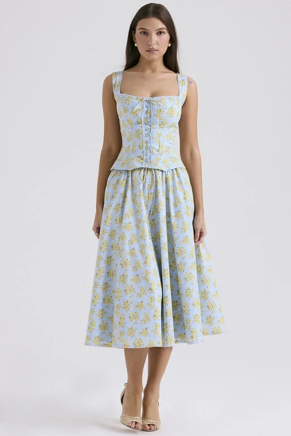 Juana Soft Blue Vintage Floral Print Cotton Top