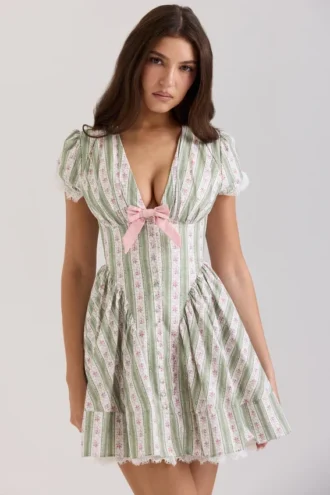 Emiliana Green Stripe Floral Print Stretch Cotton Mini Dress