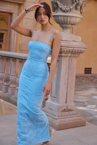 Eva Tuscan Blue Embroidered Floral Maxi Dress