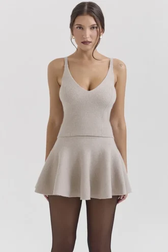 Fern Biscuit Wool Cashmere Ribbed Flounce Mini Skirt
