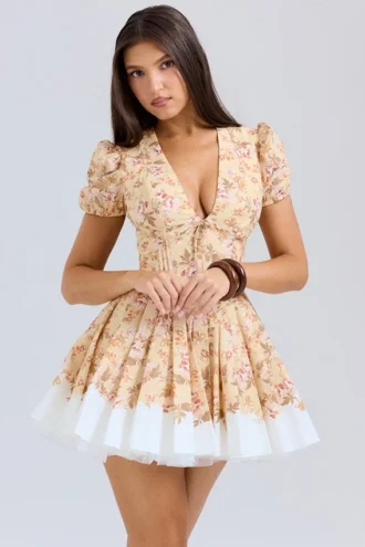 Imani Honeyflower Print Pleated Cotton Mini Dress