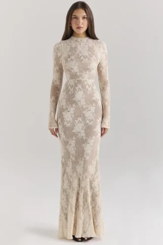 Isoline Peach Lace Maxi Dress