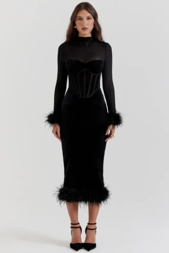 Lianna Black Velvet Midi Dress