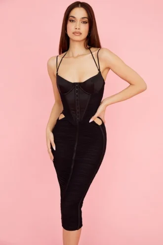 Maya Black Ruched Midi Dress