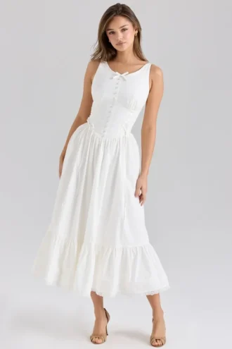 Sienna White Stretch Cotton Lace Up Midi Dress