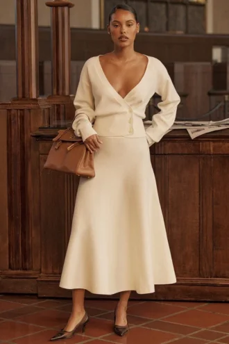 Solara Ivory Wool Mix Flared Midi Skirt