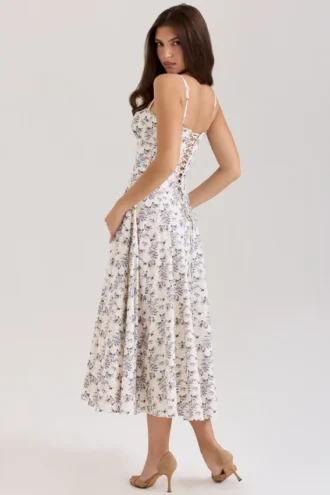 Steffani Cream Stretch Cotton Floral Print Midi Sundress