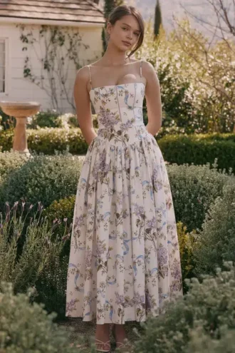 Ysabella Off White Vintage Ribbon Print Cotton Midi Sundress